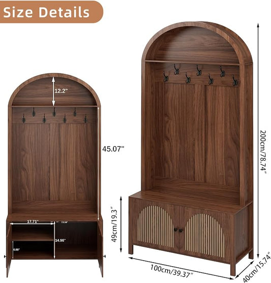 Hall Tree with Bench and Shoe Storage, Entryway Storage Bench with Coat Rack, 78.74" Coat Rack with 7 Hooks and Adjustable Shelves, Farmhouse Style Furniture Organizer for Hallway (Walnut, 78.74"H)