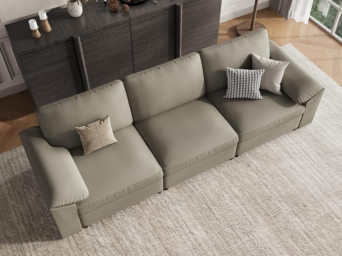 EASE MOOSE 3 Seater Deep Seat Sectional Sofa,Scratch Resistant Faux Leather Material, Oversized Modular Couch for Living Room,Modern Comfy Sofas for Small Spaces, Light Grey