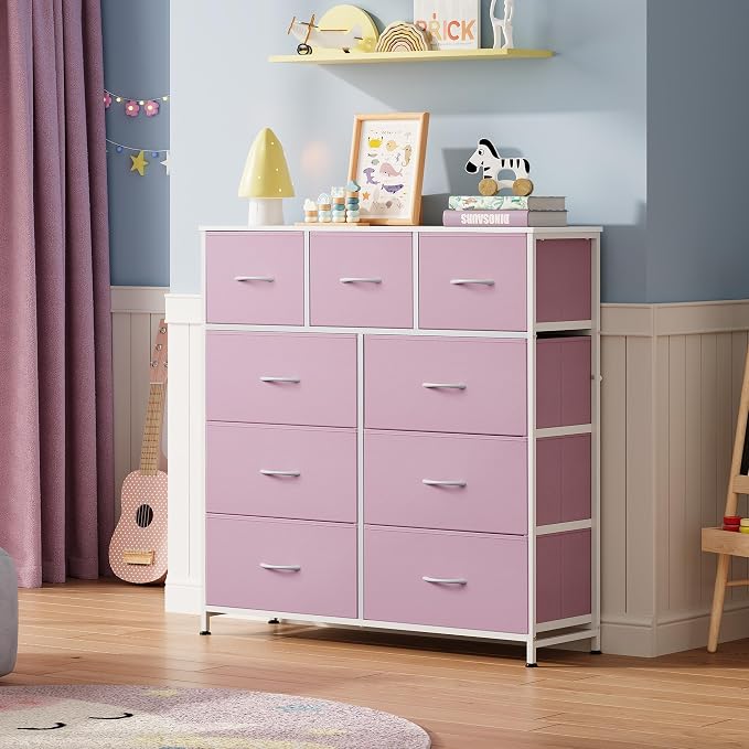 WLIVE 9 Drawer Dresser, Fabric Storage Tower for Bedroom, Hallway, Closet, Tall Chest Organizer Unit for Bedroom with Fabric Bins, Steel Frame, Wood Top, Easy Pull Handle, A-Pink