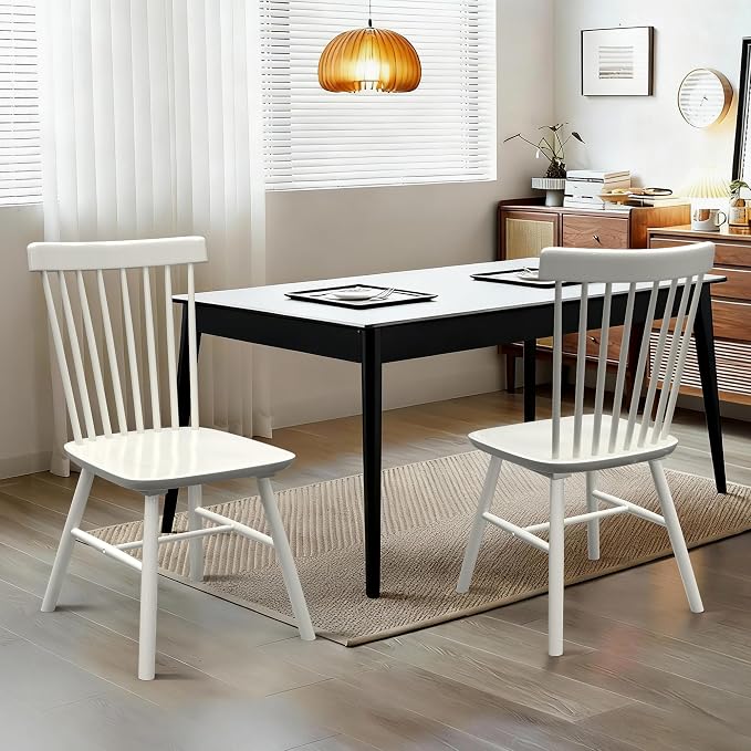 AreShark Windsor Dining Chairs, Farmhouse Wooden Dining Room Chairs, Solid Wood Kitchen Chairs with Spindle Back Set of 6, White