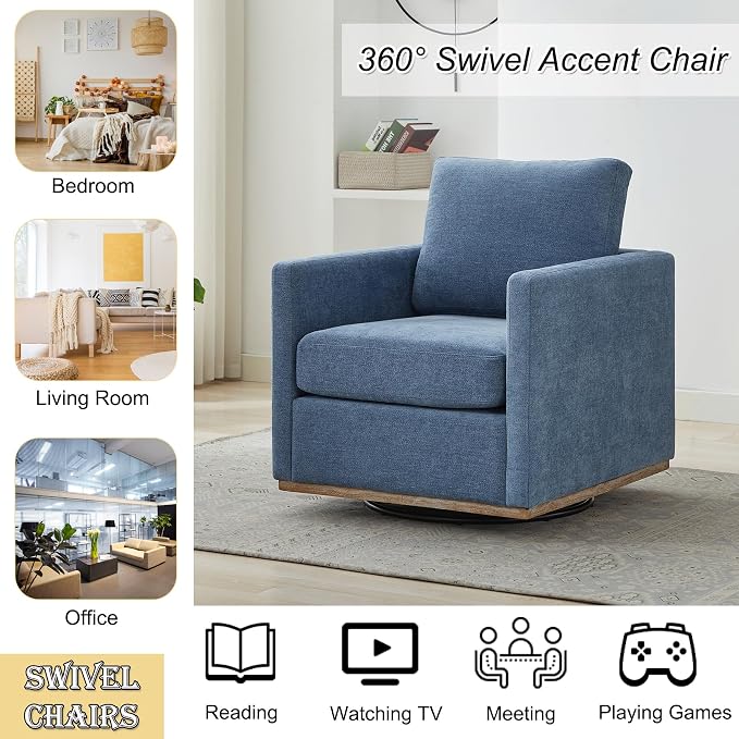 Swivel Accent Chair, 360 Degree Square Swivel Chair for Living Room, Mid Century Modern Upholstered Barrel Chair,Comfy Sofa Armchairs for Bedroom,Nursery,Chenille, Blue