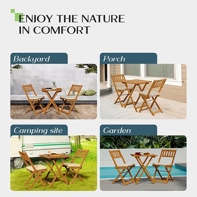 Idzo Heavy Duty 400lbs Capacity Patio Bistro Set 3 Piece Outdoor, Folding Chairs w/Cushion, Square Table, FSC-Certified Acacia Wood, Space-Saving Design for Balcony, Garden and Porch - Upgrade