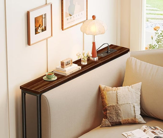 SUPERJARE 5.7 Inch Console Table with Outlet, Sofa Table, Behind Couch Table, 5.7 x 39.4 x 29.7 Inches, Metal Frame, for Living Room, Hallway, Walnut