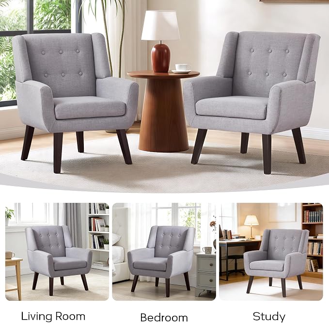 HUIMO Accent Chair Living Room Chair, Upholstered Button Tufted Armchair, Linen Fabric Sofa Chairs for Bedroom, Living Room, Mid Century Modern Comfy Reading Chair (Light Grey)