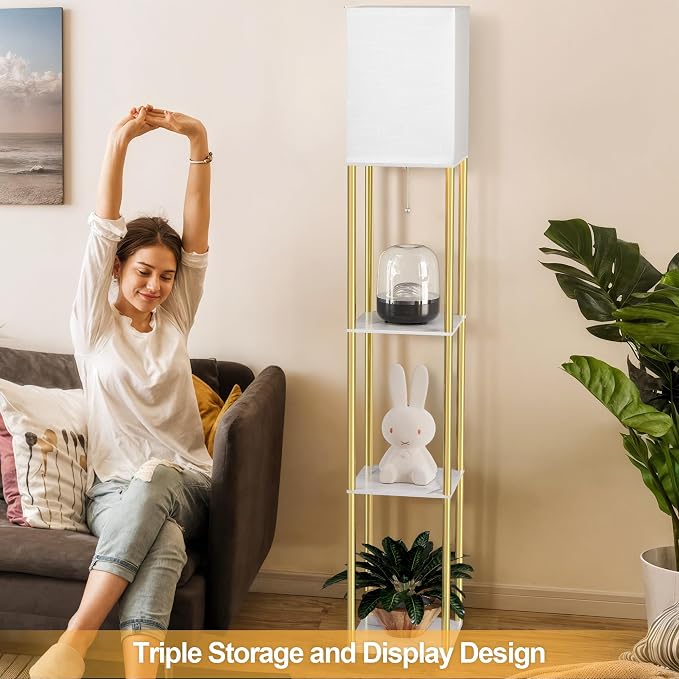 Floor Lamp with Shelves, Modern Corner Display Standing Column Shelf Lamp Etagere Organizer Tower Nightstand with White Linen Shade for Living Room, Bedroom and Office, Marble White and Gold Poles