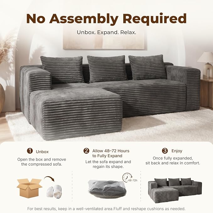 Modular Sectional L-Shaped Sofa with Deep Seat, Modern Boneless Comfy Corduroy Fluffy Couch with Side Pockets and Anti-Slip & Floor-Friendly Bottom for Living Room, No Assembly, Dark Grey