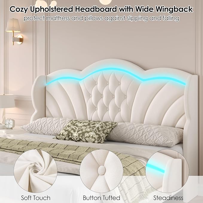 Keyluv Queen Bed Frame with LED Lights and 2 Storage Drawers, Velvet Upholstered Platform with 47" Tall Arc-Shaped Wingback Headboard and Button Tufted Design, No Box Spring Needed, Noise-Free, Beige