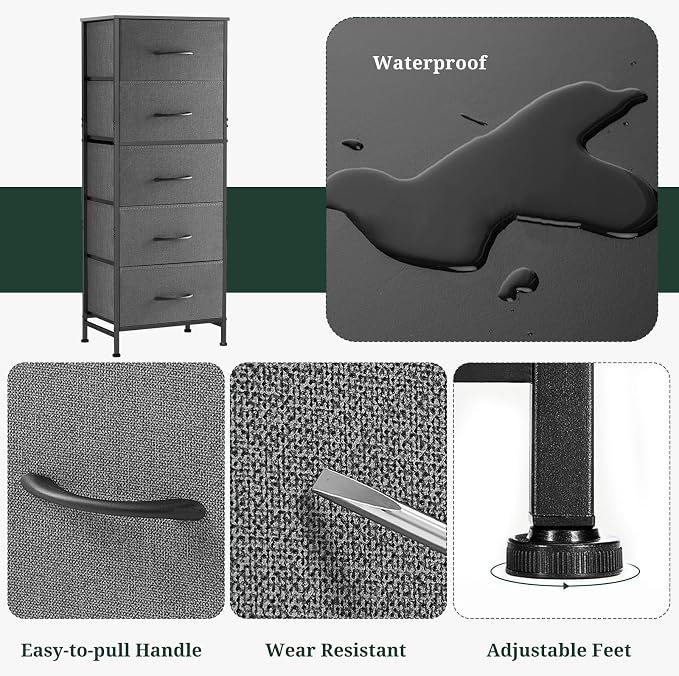 5 Drawers Dresser for Bedroom, Fabric Storage Tower Organizer with Wooden Top and Steel Frame, Tall Chest of Drawers for Closet, Entryway, Dorm, Gray
