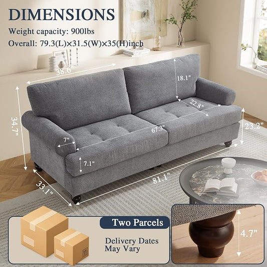 81” Sofa Couch with Storage, Mid Century Modern Decor Loveseat Couches for Living Room, Button Tufted Upholstered Small Couch for Bedroom, Apartment (Gray)