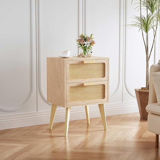 YAUKOMEL Rattan Nightstand, Wood End Table, Side Table with 2 Hand Made Rattan Decorated Drawers,Boho Bedside Table,Wood Accent Table with Storage for Livingroom, Bedroom, Natural CTG59Y