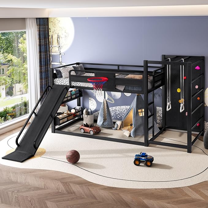 Harper & Bright Designs Metal Floor Bunk Bed with Basketball Hoop and Climbing Wall, Twin Over Twin Bunk Bed with Slide and Storage Bookshelves for Sports Enthusiasts Kids Teens, Black
