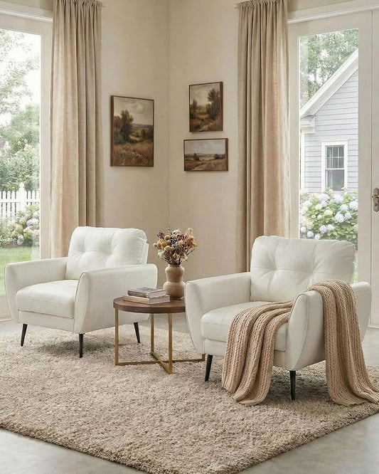 TYBOATLE Accent Chairs Set of 2, Comfy Modern Living Room Chair White Faux Leather Reading Accent Chairs Tufted Mid Century Arm Chair Small Salon Chairs for Office Bedroom (2, White)