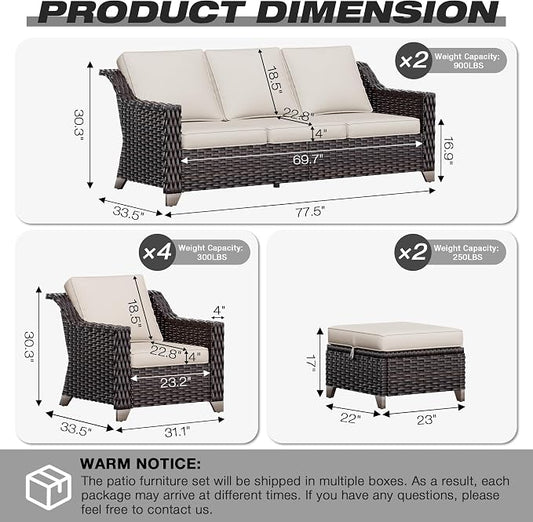 Joyside Wicker Patio Furniture Sets, 7 Pieces Upgraded Large Size Outdoor Furniture with 4 Swivel Rocking Patio Chairs, 3-Seat Sofa, Outdoor Ottoman, Thick Cushions, Wide Armrest, Beige