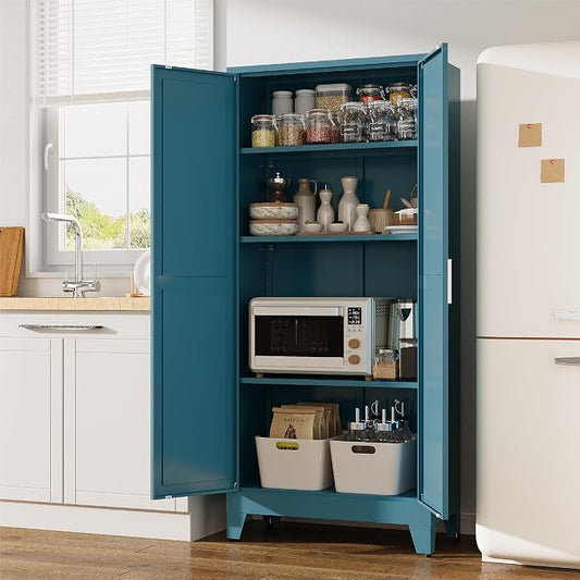 61”H Metal Kitchen Pantry Cabinet, Pantry Cabinets with 2 Doors and 3 Shelves, Kitchen Cabinet for Kitchen, Dining Room, Living Room and Bathroom, Blue