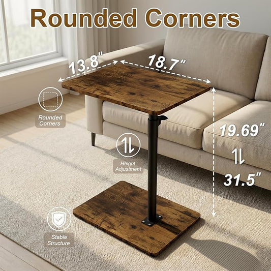 YUHFERA Sofa Armrest Tray Table for Couch - 360 Swivel Height Adjustable End Table for Small Spaces, Snack Side Table for Bed or Chair with Phone & Tablet Slot (Rustic, Enlarged)