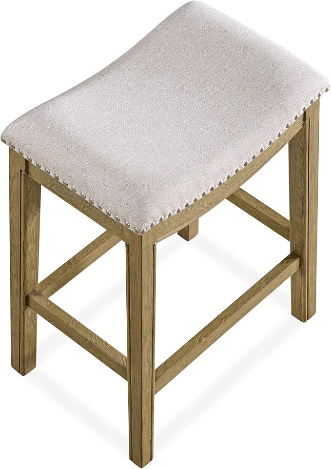 ROME + OAK Set of 4 Parker 26" Counter Stool, Backless Saddle Kitchen Barstool in Natural Wood Finish with Wheat Cream Fabric Upholstery Cushion Seat