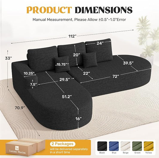 112" Modern Curved Cloud Couch, Chenille Boneless Couches for Living Room with Deep Seat, Memory Foam Compressed Modular Sectional Sofa, No Assembly Required,Black 1 PCS