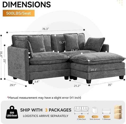 76'' Cloud Deep Seat Loveseat Sofa, Upholstered Chenille Modular 2-Seats Sectional Sofa Couch with Movable Ottoman, Modern Comfy Settee Loveseat for Living Room Set, Small Apartment, Grey