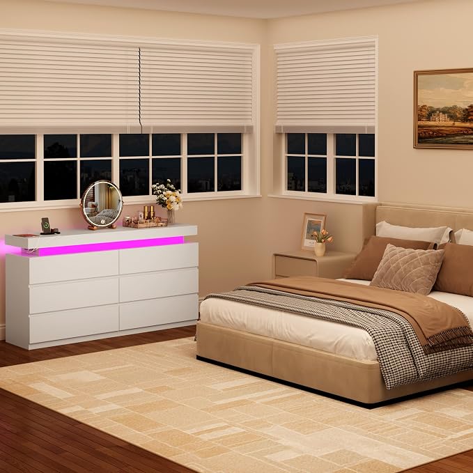 6 Drawer Dresser for Bedroom White Dresser with Hidden Sliding Desktop | Modern Double Wood Chest of Drawers for Closet w/ Charging Station LED RGB Lights Organizer Cabinet TV Stand for Living Room