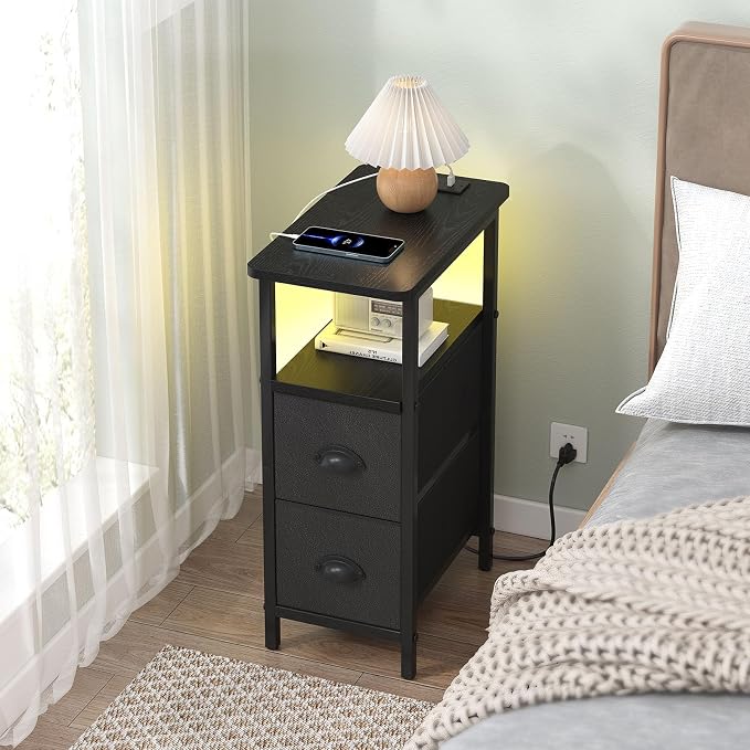sthmec Narrow End Table with Charging Station, Narrow Side Table with 2 Fabric Drawers, LED End Table, Slim Nightstand with LED Light, Small Side Table for Small Spaces, Living Room, Bedroom, Black