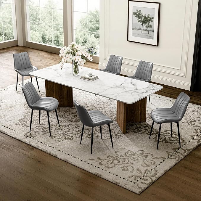 VECELO Dining Chairs Set of 6, Vegan Leather Fabric & Metal Frame, Mordern Style for Kitchen, Living Room,Offcie,Light Grey