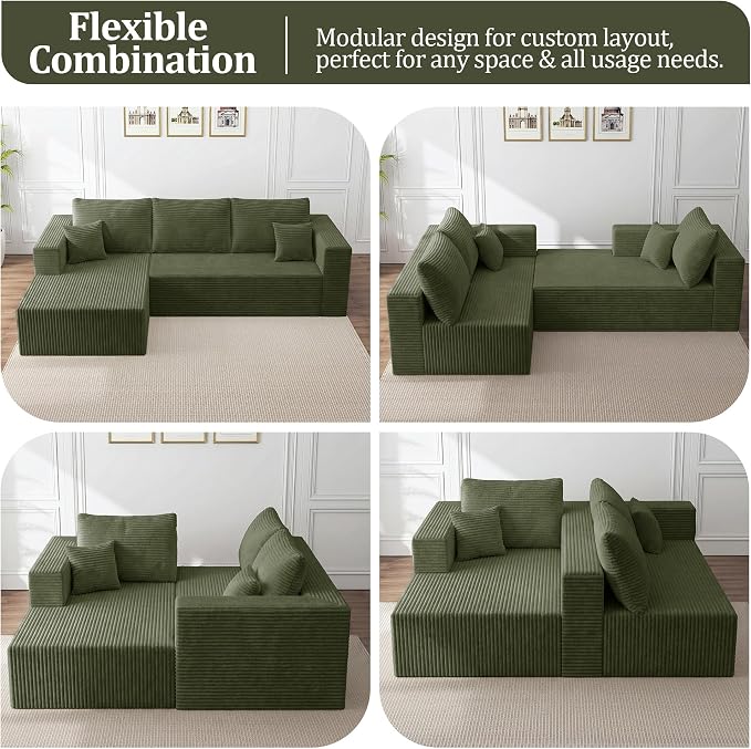 108" Modular Sectional Sofa,L-Shaped Cloud Couch with Deep Seats & Chaise,Convertible 4-in-1 Corduroy Boneless Couches for Living Room,Bedroom,No-Assembly,Green(Left Facing Chaise)