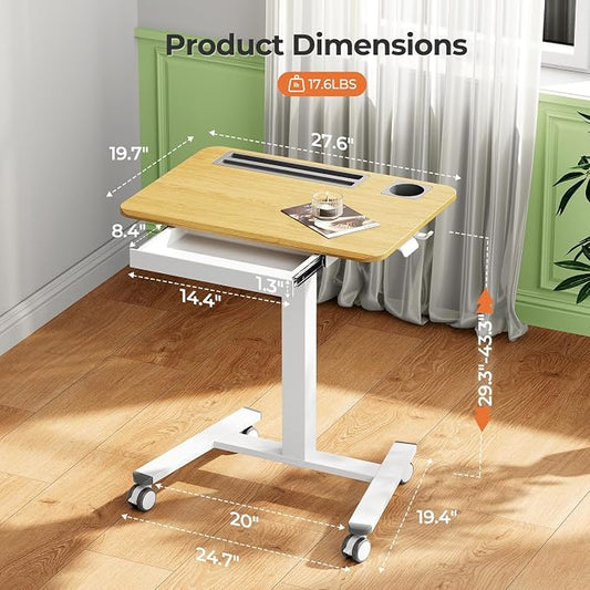 Mobile Standing Desk with Drawer, 28" Rolling Desk with Cup Holder and Hooks, Portable Laptop Workstation on Wheels, Height Adjustable Cart with Storage for Home Office, Maple
