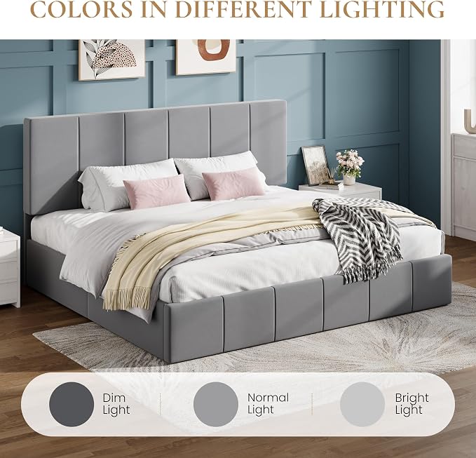 SHA CERLIN King Size Bed Frame, Velvet Upholstered Platform Bed, Vertical Channel Tufted Adjustable Headboard, Low Profile Bed Frame, No Box Spring Needed, Easy Assembly, Grey