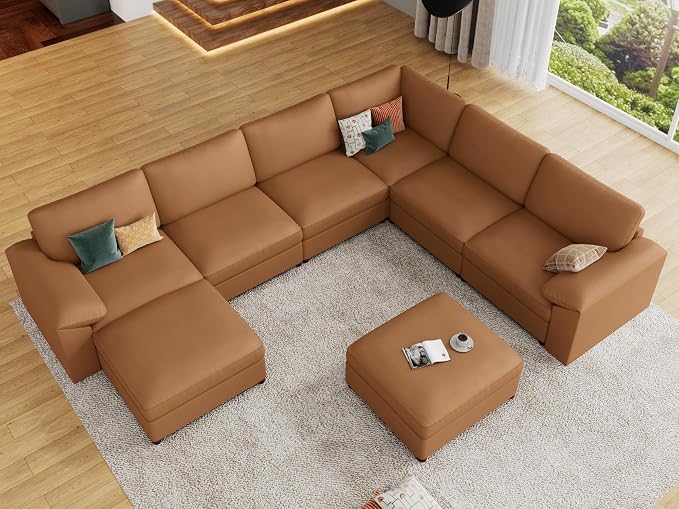 EASE MOOSE Leather Sectional Sofa, Oversized Faux Leather Sectional, Wide Deep Modular Couch, Scratch Resistant Material Sofas, U Shaped Couch,Brown