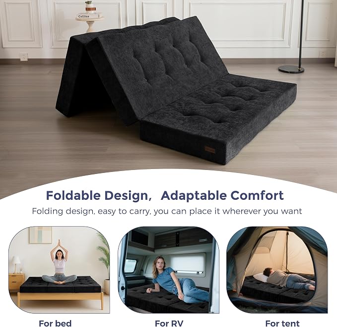 MAXYOYO 6" Folding Sofa Bed for Floor, Tufted Tri-Fold Floor Mattress with Chenille Fabric, Full Size Portable Sofa Couch Guest Mat for Adults, Foldable Topper for Camping, Black, 53"x75"