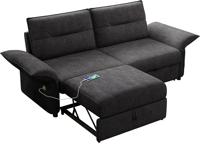 85" Pull Out Sofa Bed Full Size, Pre-Assembled Flannel Sleeper Sofa, Convertible Loveseat Futon Couch, Adjustable Armrest with USB, Pillows, for Apartment, Living Room, Small Spaces, Dark Grey