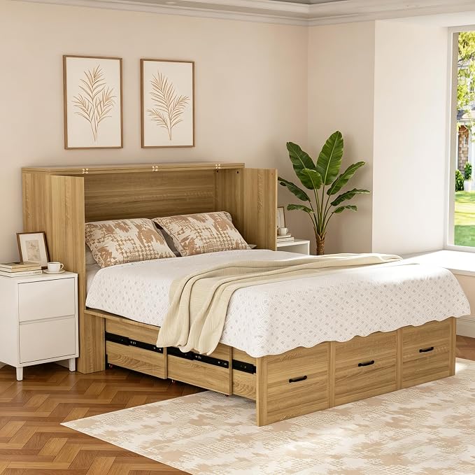 Murphy Bed Full Size with Storage and Charging Station, Farmhouse Wall Bed Cabinet Foldable Wooden Frame for Guest Room - Natural