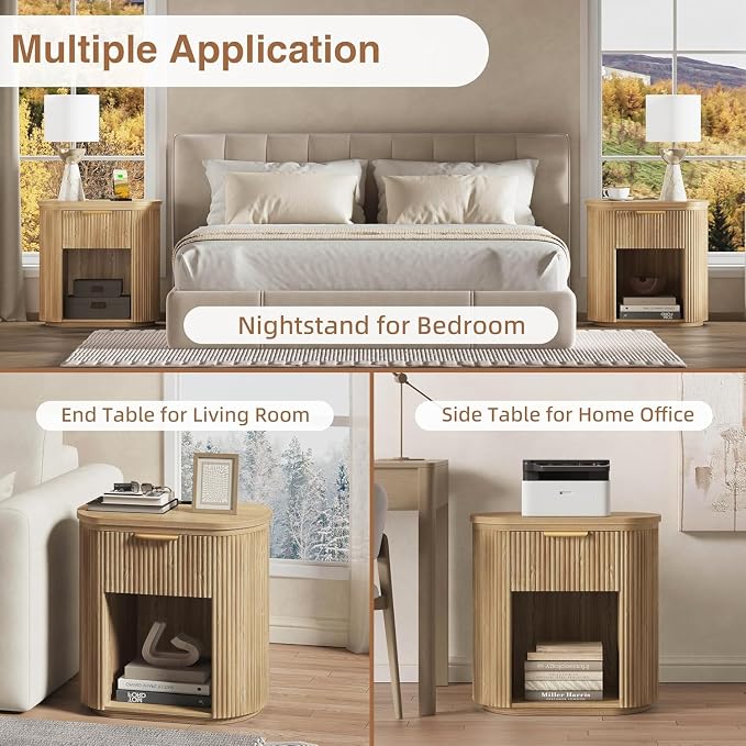 Fluted Nightstands Set of 2 with Charging Station, 23.6" Large Bedside Side Table, Wood End Table with Drawer Storage, Curved Round Corner, Furniture Bedroom Sofa, Mid Century Modern, Farmhouse, Oak