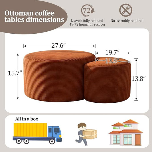BSHOMGI Nesting Coffee Table Set of 2,Corduroy Ottoman Soft Foot Rest Movable LargePouf Footstool for Living Room Sofa Couch Bedroom Entryway and Small Spaces No Assembly (Orange, 32"+17")