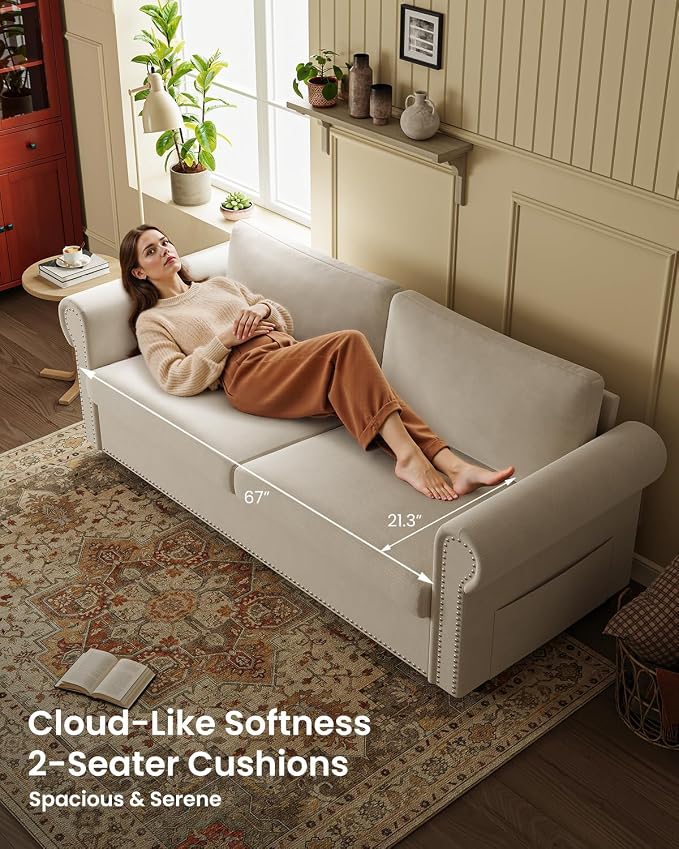 Queen Pull Out Sofa Bed | 83" Large Sleeper Sofa with Queen Size Mattress | 2-in-1 Convertible Loveseat Sofa-Bed with USB Ports Side Pockets Ivory White