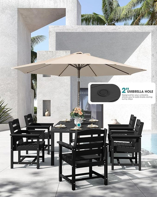 SERWALL HDPE and Aluminum Outdoor Dining Set for 8, Black | 60" - 83" Expandable Outdoor Dining Table and 8 HDPE Chairs, All Weather Outdoor Furniture Set