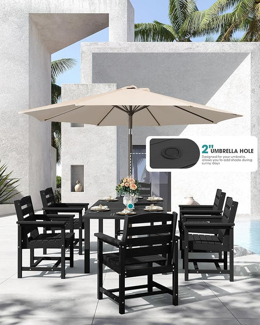 SERWALL 60" - 83" Expandable Outdoor Dining Table and 6 HDPE Chairs, Black | Outdoor Dining Set for 6, All Weather Aluminum and HDPE Outdoor Furniture Set, Extendable Patio Dining Table