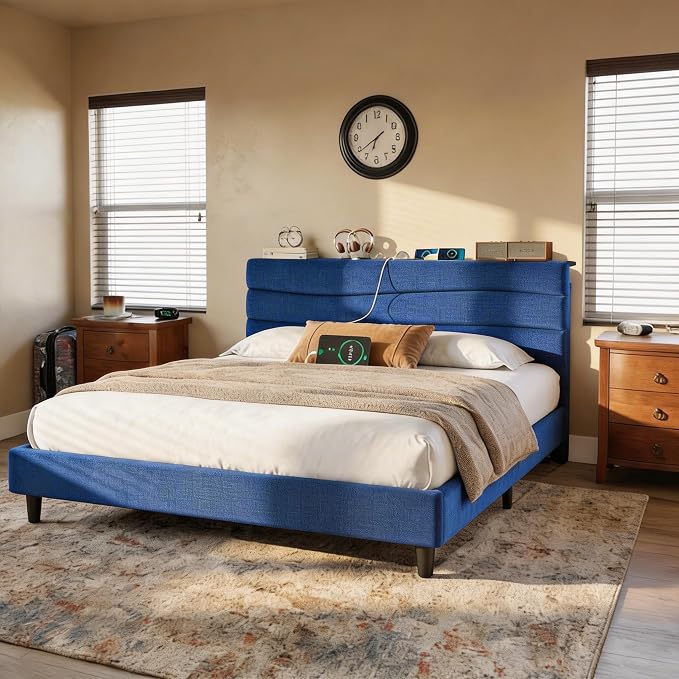 EnHomee King Bed Frame with Upholstered Headboard, Navy Blue | Adjustable Height , Charging Station, No Box Spring Needed, Noise-Free,Easy Assembly