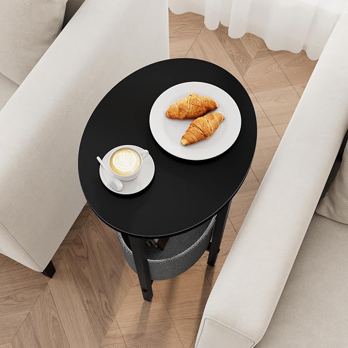 Vagusicc Round Side Table End Table with Storage Basket, Small Side Table Round Nightstand for Small Spaces, Tall Oval End Table with Steel Frame, Coffee Bedside Table for Living Room Bedroom, Black
