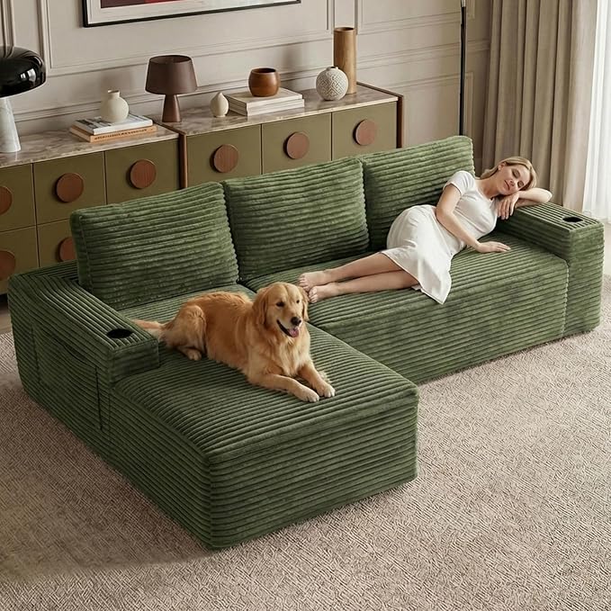 104" Cloud Sectional Couch L-Shaped with Side Pockets Cup Holders, Corduroy Boneless Couch for Living Room,Upholstered Deep-Seat Modular Sectional Sofa, No Assembly Required (Green,Left Facing Chaise)