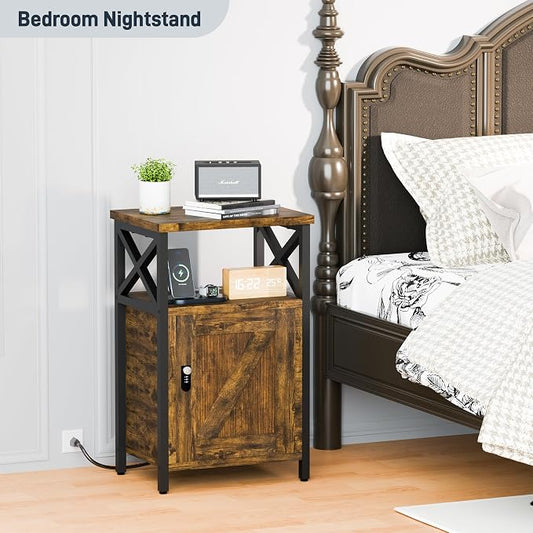 runjuly Wooden Nightstand with Lock, Bedside Table with Drawer, Bed Side Table with Charging Station, 3 USB & 2 Outlets, Night Stand with Storage Cabinet, End Table for Bedroom, Brown