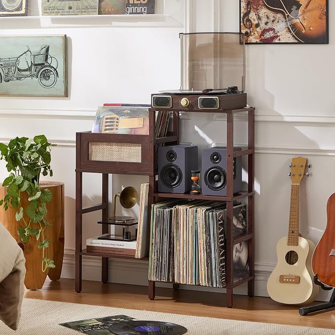 LELELINKY Record Player Stand, Vintage Walnut Wood Record Holder with Vinyl Storage Holds up to 300+ Albums, 3-Tier Rattan Media Table with Vinyl Display Shelf, Record Storage Cabinet for Living Room