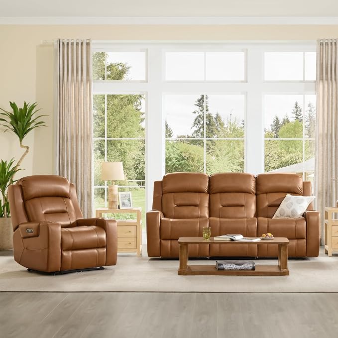 Watson & Whitely Genuine Leather Power Reclining Sofa, 3-Seater Lay Flat Recliner Sofa with Power Headrest, Cup Holders, USB & Type-C Ports, Electric Reclining Couch for Living Room, Saddle Brown