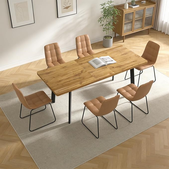 Extendable Dining Table Set for 6 to 8 People, 63" to 78.7" Modern Kitchen Table Set with 6 Chairs, MDF Dining Room Table and Chairs with Removable Extension Leaf (Walnut Table+U-Shaped Brown Chairs)