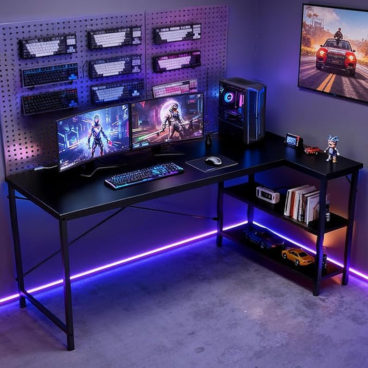 DUMOS 47 Inch L Shaped Computer Desk Gaming Furniture Corner Desks Home Office PC Table with Reversible Storage Shelves for Writing Working Study Bedroom Dorm, Black