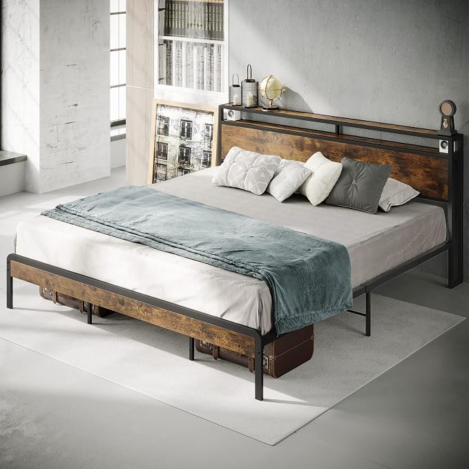 LIKIMIO King Size Bed Frame, Platform Bed with 2-Tier Storage Headboard | Metal Bed Frame, Solid and Stable, Noise Free, No Box Spring Needed, Easy Assembly, Durable, Vintage Brown
