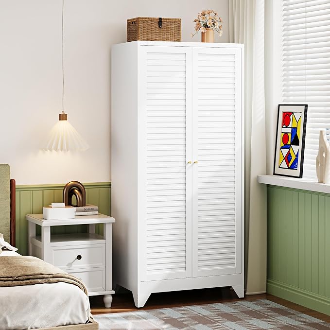 Letaya Armoire Wardrobe Closet,20" Deep Metal Wardrobe Cabinet with Doors and Shelves,Hanging Rod Clothing Storage Cabinets for Home Room (White)