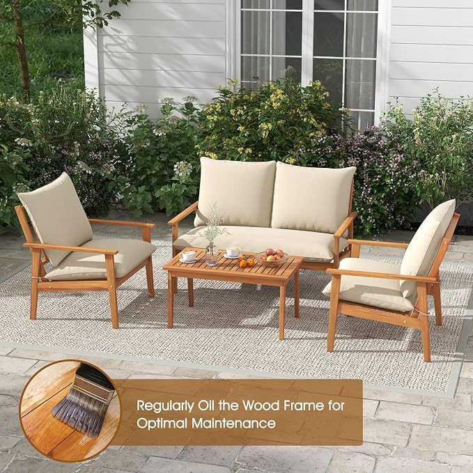 Tangkula 4 Pieces Patio Furniture Set, Outdoor Acacia Wood Conversation Set with Soft Cushions and Coffee Table, Outdoor Sectional Sofa Set for Lawn, Garden, Backyard and Poolside (1, Natural)
