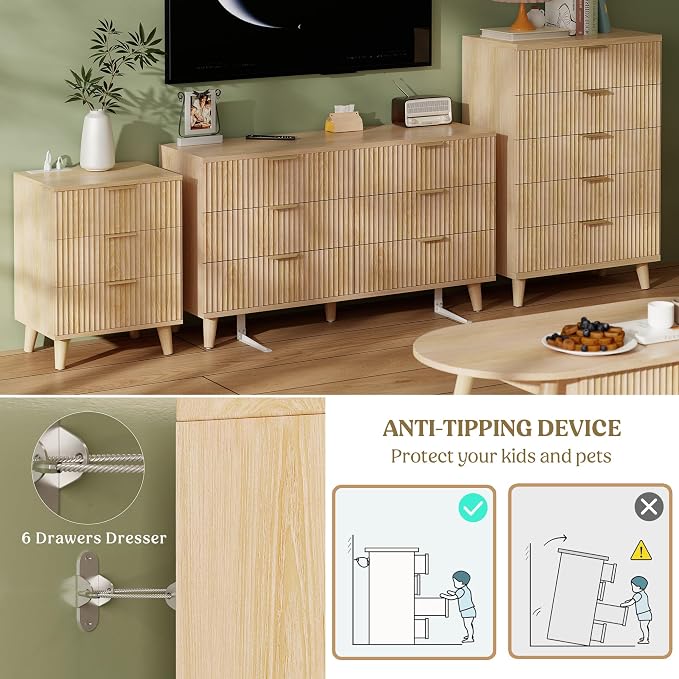 Lulive Modern Dresser and Nightstand Sets 3-Piece, 5-Drawer Dresser + 2 Nightstands Bedroom Sets with Solid Wood Legs (Natural Oak)