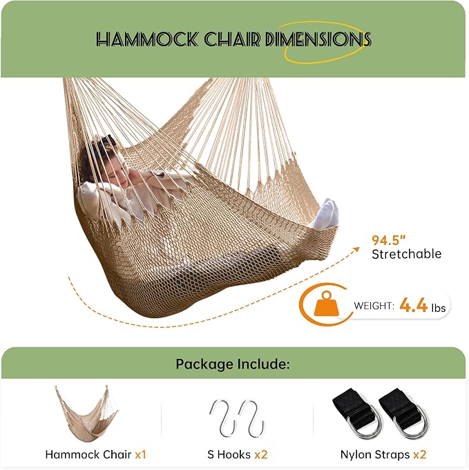 Large Hammock Chair with Hanging Straps and Hooks, Caribbean Hammock Swing Chair, XL Hammock Chair Outdoor Indoor, 330 LBS Weight Capacity, Light Brown